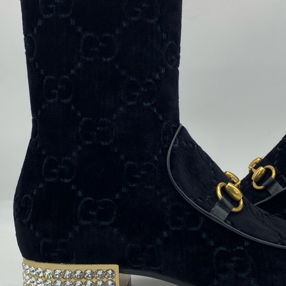Gucci horsebit GG black velvet crystal heel ankle - Picture 3 of 12